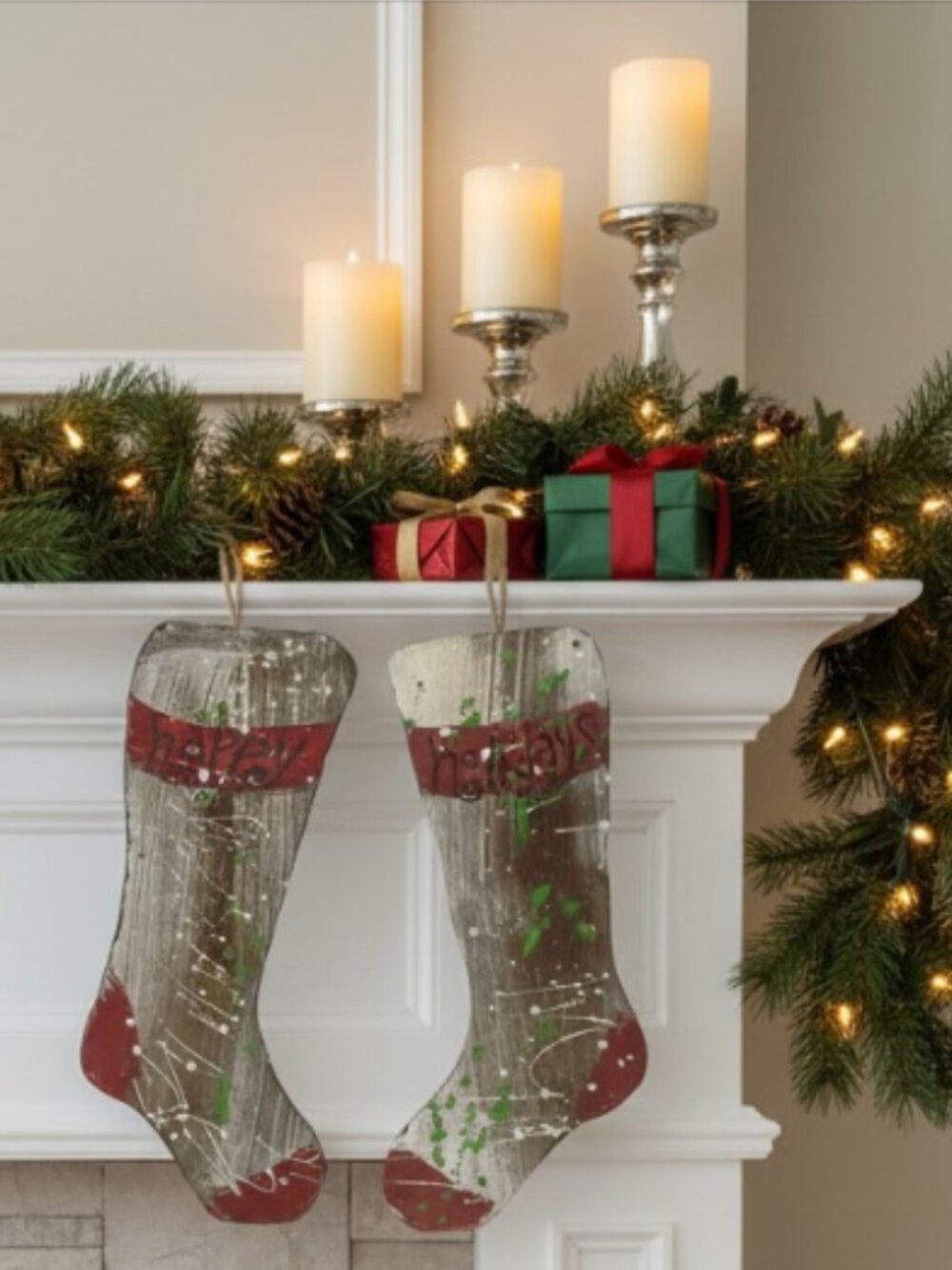 VINTAGE TIN STOCKINGS -- Rustic, Hanging, Thin Cut Tin, "Happy" & "Holidays"